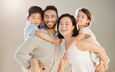 Buy stock photo Cropped portrait of a happy diverse family of four at the beach