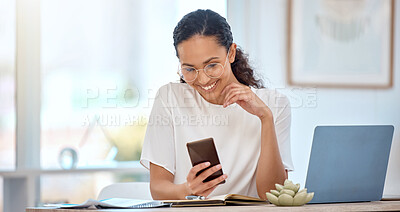 Buy stock photo Business, typing and woman with smartphone, smile and connection for social media, internet and digital app for news. Happy person, journalist and editor with cellphone, online reading and research