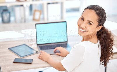 Buy stock photo Happy, businesswoman and laptop with mockup, blank screen and chroma key display for research in office. Smile, female person and technology for ideas and planning company proposal in boardroom