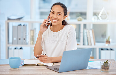 Buy stock photo Woman, planning and portrait of phone call in office with contact to source of journalist. Happy, chat and writer with online communication for news, research and information from social network