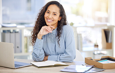 Buy stock photo Business woman, computer and planning in office portrait for human resources research, schedule and workflow ideas. Professional worker with confidence and smile on computer, notebook and documents