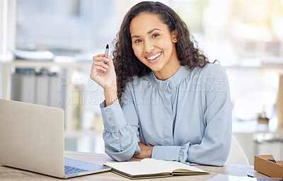 Buy stock photo Business woman, computer and writing in notebook for copywriting research, planning and article ideas. African worker, writer or editor with confidence and smile in portrait for project brainstorming