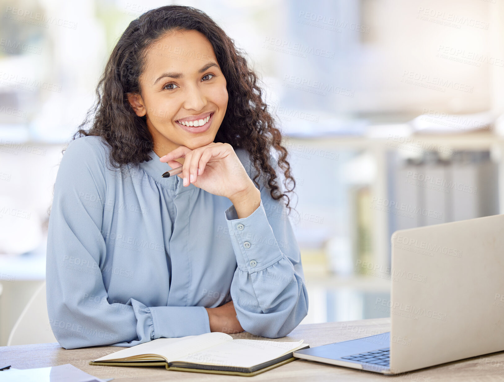 Buy stock photo Business woman, laptop and planning in office portrait for human resources research, schedule and workflow ideas. Professional worker with confidence and smile on computer with notebook in workplace