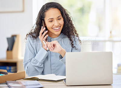 Buy stock photo Business woman, laptop and phone call for planning notes, writing and communication in human resources. Professional worker talking to client on mobile chat, computer and notebook for task priority