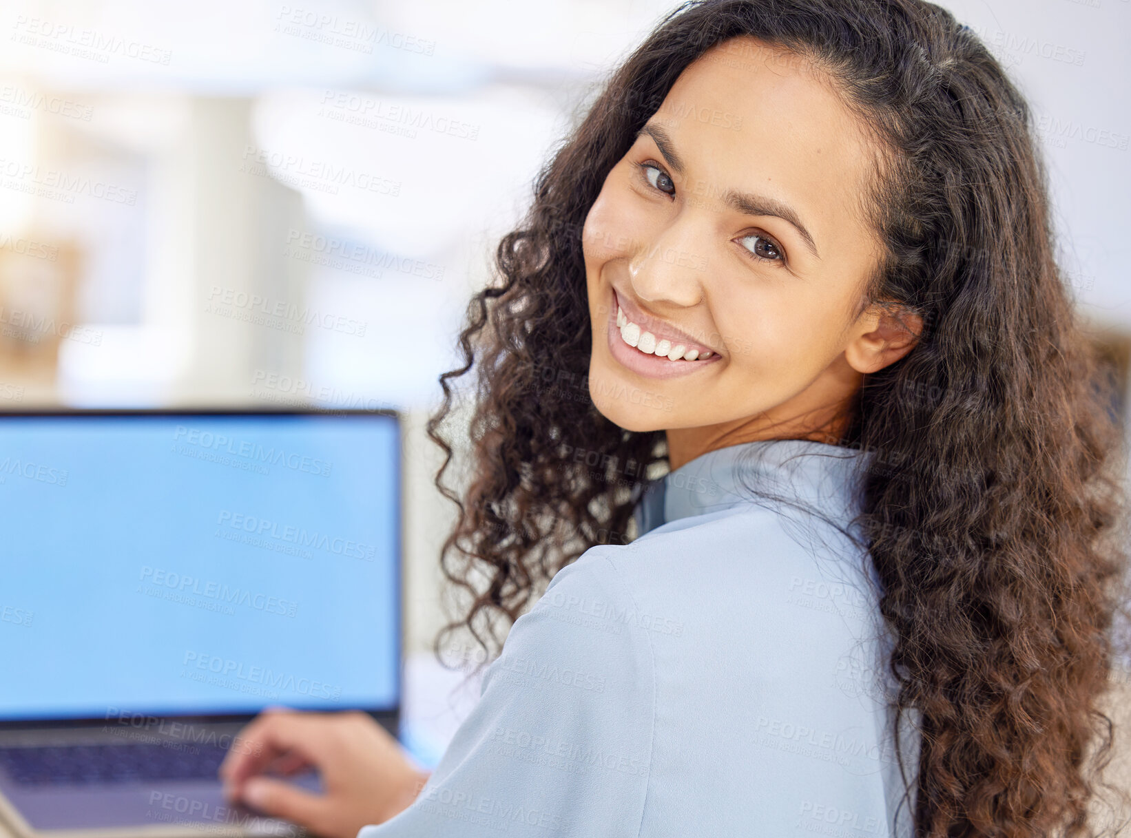 Buy stock photo Business woman, portrait and computer screen for planning, working and copywriting research in office. Happy face of creative writer, editor or worker in public relations with laptop for newsletter