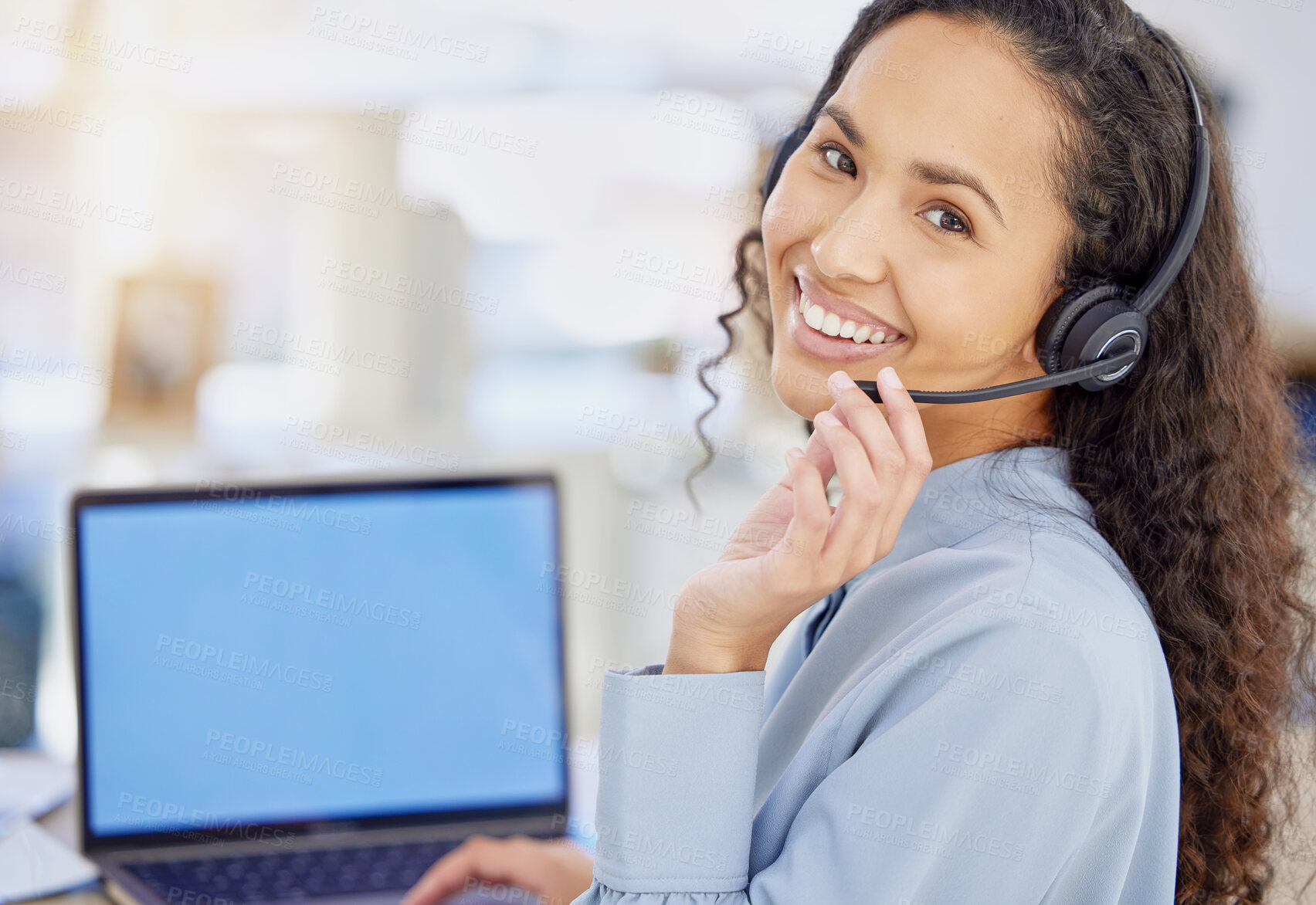 Buy stock photo Business woman, call center and computer screen for customer support, communication and virtual service. Portrait of e commerce agent or telecom advisor with laptop for FAQ, contact and happy chat