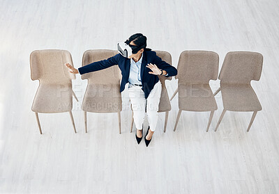 Buy stock photo Business woman, vr headset and sitting cyber game with professional in office with innovation work. Virtual reality glasses, female employee and above view with ai, 3d and future platform at job