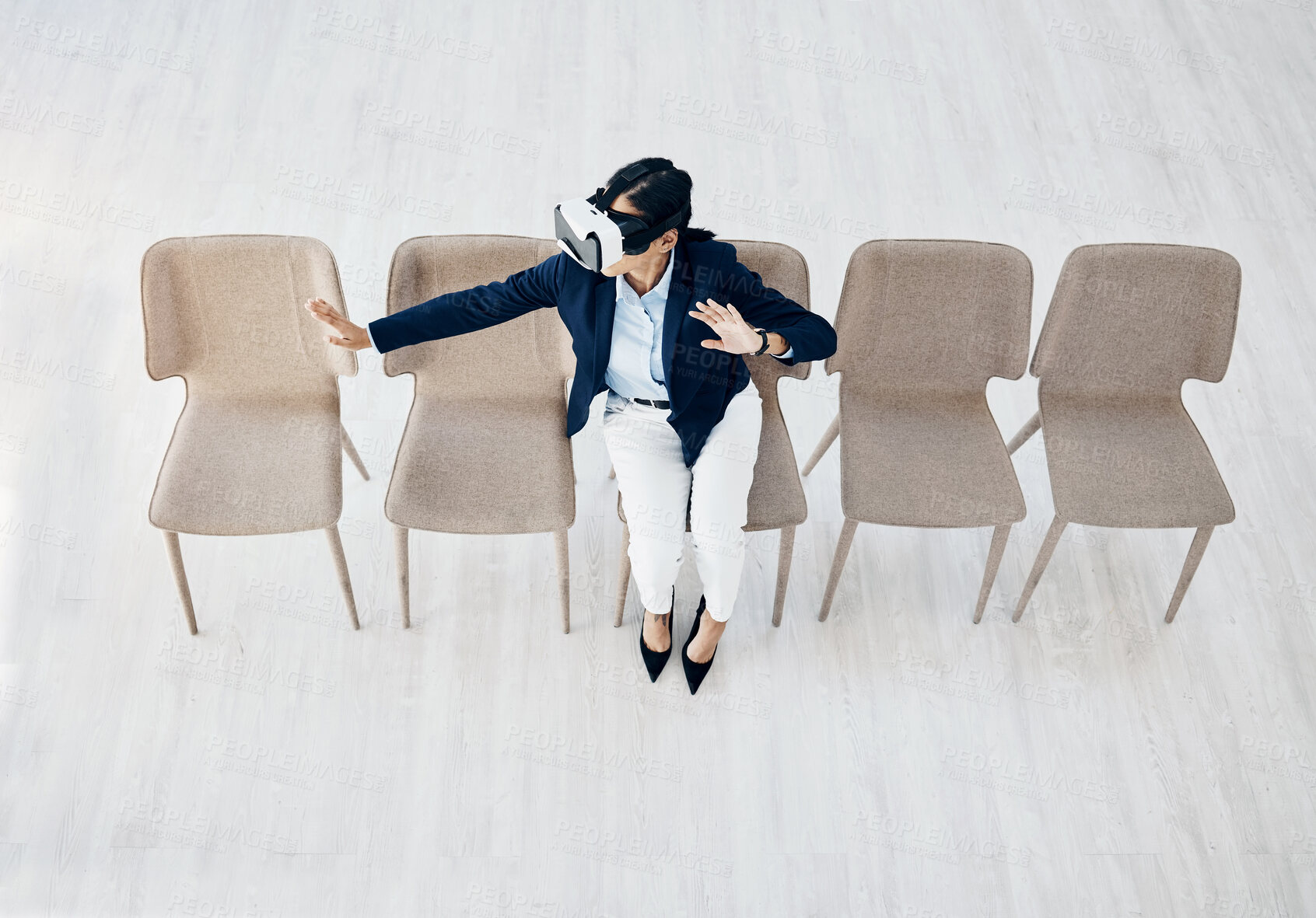 Buy stock photo Business woman, vr headset and sitting cyber game with professional in office with innovation work. Virtual reality glasses, female employee and above view with ai, 3d and future platform at job