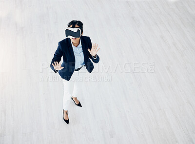 Buy stock photo Business woman, vr headset and digital game with professional in office with metaverse and mockup. Virtual reality glasses, female employee and above view with 3d and future platform with testing