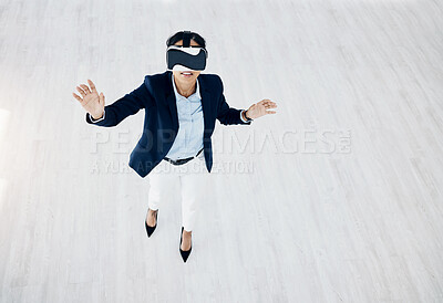 Buy stock photo Business woman, vr headset and future game with professional in office with innovation and mockup. Virtual reality glasses, female employee and above view with ai, 3d and platform for testing