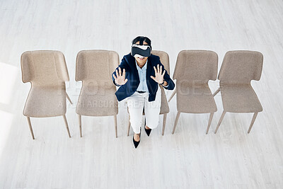 Buy stock photo Virtual reality, glasses and business woman in waiting room chair, Human Resources software or high tech interview. VR, vision and HR person in user experience, futuristic and digital hiring above