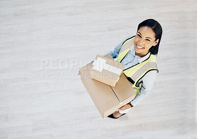 Buy stock photo Boxes, delivery and portrait of courier woman for logistics, cargo or shipping industry. Above happy female worker with cardboard box or package from supply chain for distribution service mockup