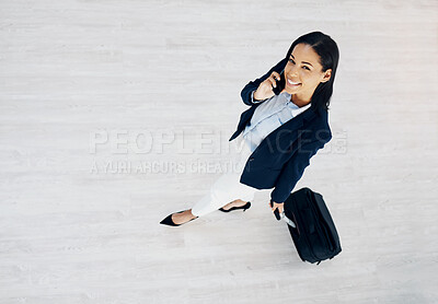 Buy stock photo Travel business woman, phone call and walking with suitcase in happy communication above at office. Top view of female person or employee talking on smartphone with luggage for work trip on mockup