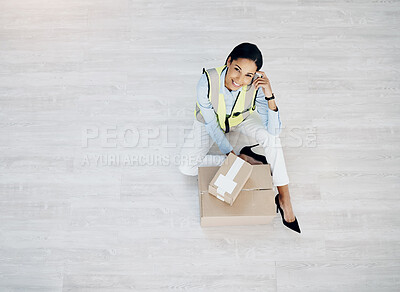 Buy stock photo Delivery, courier and portrait of a woman with boxes for logistics, cargo or shipping industry. Above happy female worker and cardboard box or package for supply chain or distribution service mockup