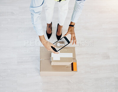 Buy stock photo Delivery, phone and picture with hands of woman and box for shipping, ecommerce product and small business. Supply chain, package and distribution with closeup of employee and mobile photo for cargo