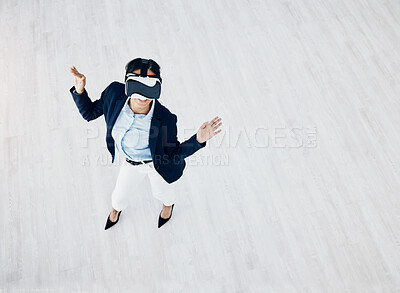 Buy stock photo Business woman, vr headset and cyber dance game with professional in office with metaverse and mockup. Virtual reality glasses, female employee and above view with ai, 3d and future platform testing