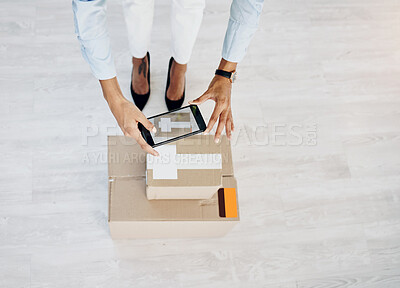 Buy stock photo Delivery, phone and package with hands of woman and box for shipping, ecommerce product and small business. Supply chain, picture and distribution with closeup of employee and mobile photo for cargo