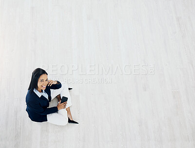 Buy stock photo Happy business woman, mockup space and above for communication or networking at the office. Portrait of female person or employee smile with mobile smartphone app for social media at the workplace