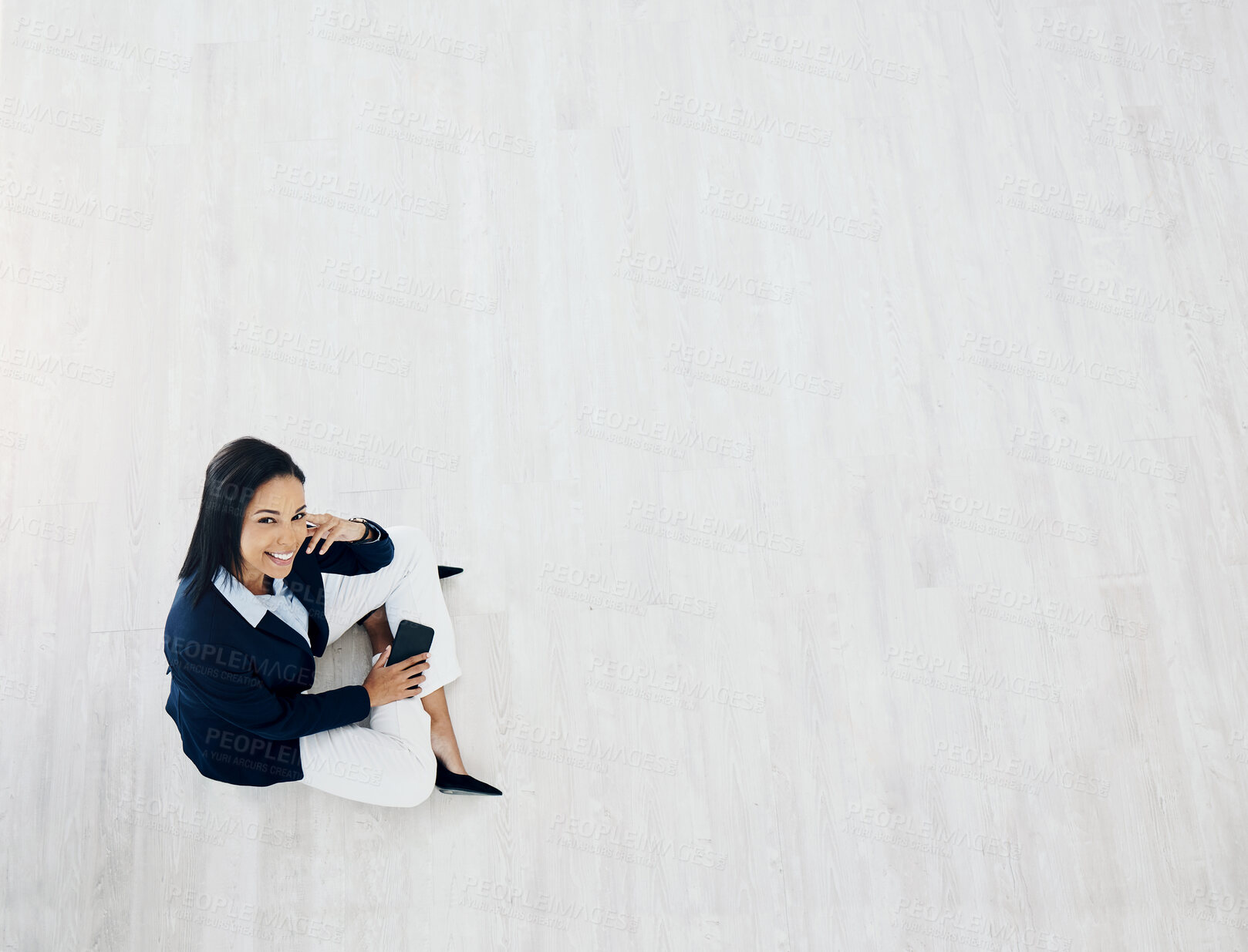 Buy stock photo Happy business woman, mockup space and above for communication or networking at the office. Portrait of female person or employee smile with mobile smartphone app for social media at the workplace