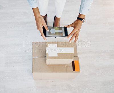 Buy stock photo Delivery, phone and scan with hands of woman and box for shipping, ecommerce product and small business. Supply chain, package and distribution with closeup of employee and mobile photo for cargo