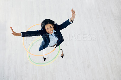 Buy stock photo Happy, hoop and portrait of business woman in office for freedom, motivation and playful. Smile, celebration and creative with female employee from top view for excited, career and mockup space
