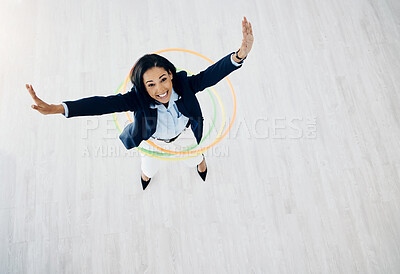 Buy stock photo Smile, hoop and portrait of business woman in office for freedom, motivation and playful. Energy, celebration and creative with female employee from top view for excited, career and mockup space