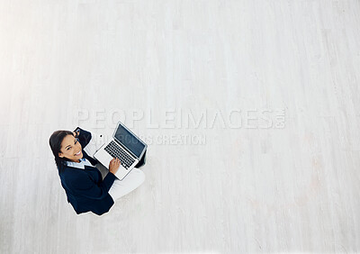 Buy stock photo Laptop, floor and business woman planning, copywriting and online social media in startup career and mockup. Portrait, website and professional writer, editor or person on computer for research above