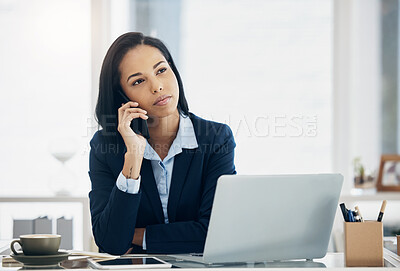 Buy stock photo Phone call, thinking and business woman for office communication, decision or listening in HR management. Ideas, virtual feedback and human resources worker or person on mobile for job opportunity