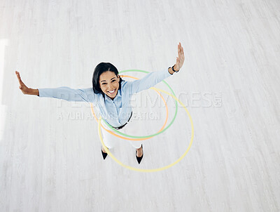 Buy stock photo Freedom, hoop and portrait of business woman in office for energy, motivation and playful. Smile, celebration and creative with female employee from top view for excited, career and fun mockup space