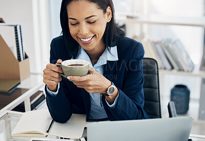 Buy stock photo Office, coffee break and business woman with inspiration, ideas and happy planning, HR goals or productivity. Drink, tea and calm corporate person in Human Resources working or thinking at her desk