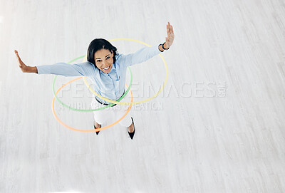 Buy stock photo Energy, hoop and portrait of business woman in office for freedom, motivation and playful. Smile, celebration and creative with female employee from top view for excited, career and mockup space