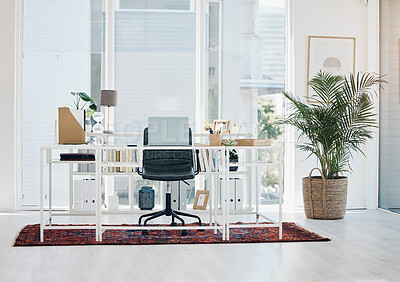 Buy stock photo Empty office, workspace or interior of room for studying, working or desk of manager and ceo in startup. Table, chair and desktop in workplace or space of business, building and professional company 