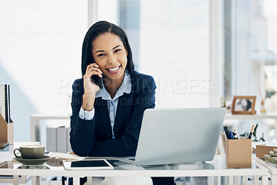 Buy stock photo Phone call, portrait and business woman for office communication, networking or talking in HR management. Information, feedback and human resources worker or person on mobile chat for job opportunity