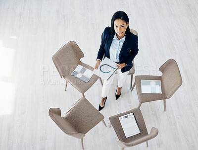 Buy stock photo Business woman, waiting room and documents on chair above for meeting or team appointment at the office. Top view of female person or employee in hiring, paperwork or social group at the workplace