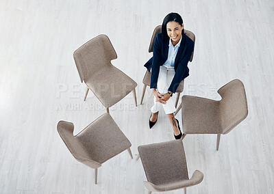 Buy stock photo Business woman, waiting room and sitting on chair above for meeting, huddle or appointment at office. Top view of happy female person or employee in hiring, interview or social group at the workplace