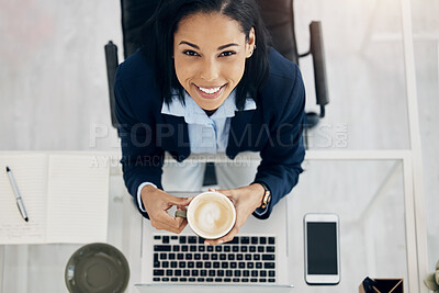 Buy stock photo Laptop, coffee and portrait of business woman above for inspiration, ideas and happy planning in HR career or job. Drink, latte and corporate person in Human Resources working on computer at her desk