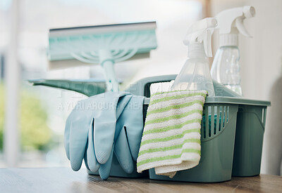 Buy stock photo Cleaning supplies, product and chemical spray with cloth and gloves, household maintenance and service. Closeup of cleaner tools in basket, janitor equipment and disinfectant with sanitizer detergent