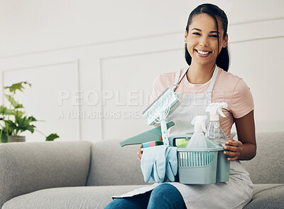 Buy stock photo Woman, cleaning tools and smile in portrait, chemical spray and hygiene with household maintenance product. Happy female cleaner, janitor supplies in basket and clean house, service and detergent