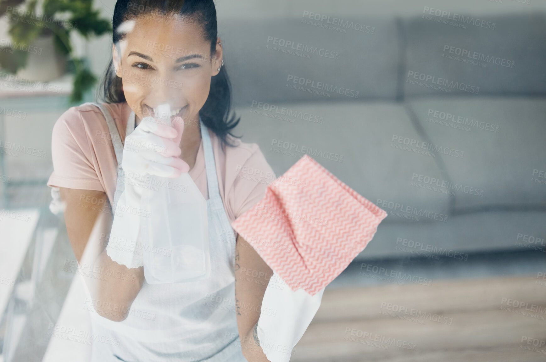 Buy stock photo Woman, cleaning and window in home portrait, hospitality and help in house maintenance for dust and germs. Disinfectant, cloth and cleaner working with chemicals, gloves and domestic for cleanliness