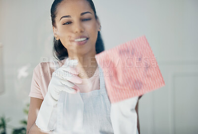 Buy stock photo Woman, cleaning and window in home with spray bottle, hospitality and help in house maintenance for dust or germs. Disinfectant, cloth and cleaner work or chemical, gloves and domestic or cleanliness