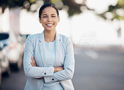 Buy stock photo Business woman, arms crossed and confidence portrait in a city with a smile from worker. Young female person, professional and urban commute with travel and happy employee on a street with bokeh