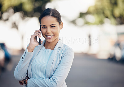 Buy stock photo Phone call, businesswoman and conversation on cellphone, city and communication and network. Digital, virtual chat and smile for tech sales agent, Portrait and company for negotiation on smartphone
