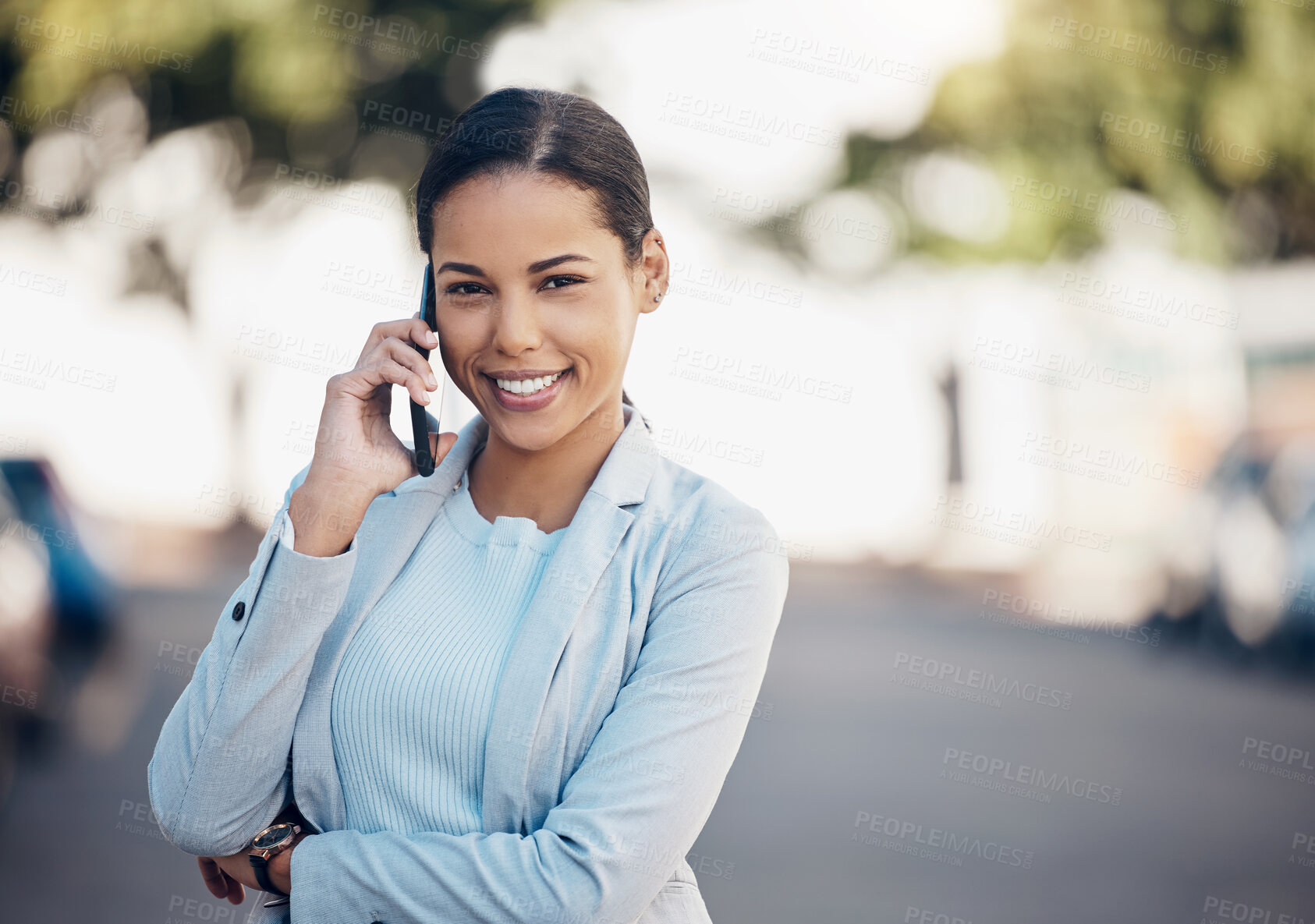 Buy stock photo Phone call, businesswoman and conversation on cellphone, city and communication and network. Digital, virtual chat and smile for tech sales agent, Portrait and company for negotiation on smartphone
