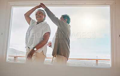 Buy stock photo Old couple, dancing and happy laugh in home, weekend romance and date in retirement for love. Senior people, holding hands and bonding for connection in marriage, support and celebrate relationship