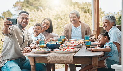 Buy stock photo Selfie, smartphone and family outside for pizza lunch with happiness or bonding on visit, guest and excited. Mature parents, home and table with food or meal, smile and fun on holiday with memories