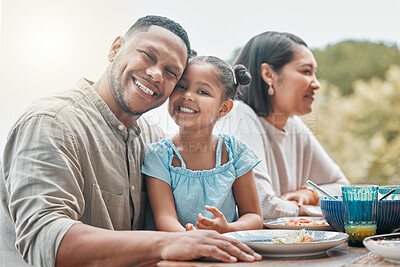 Buy stock photo Portrait, girl and family outside for pizza lunch with happiness or bonding on visit as excited guest. Parents, home and outdoor table with food or meal, smile and fun on holiday or vacation