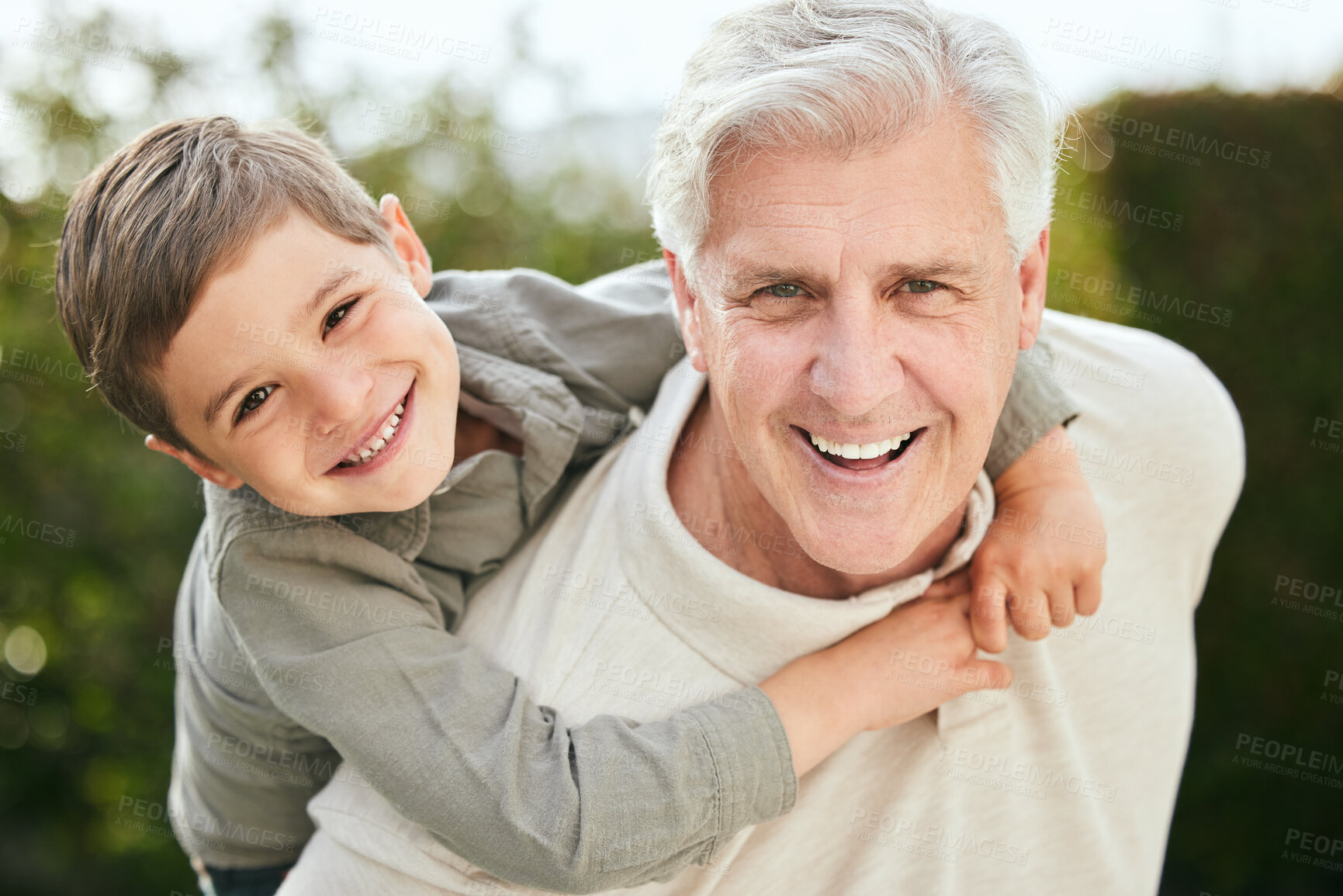 Buy stock photo Piggyback, portrait or love with grandpa and boy child outdoor in garden of home together for bonding. Carry, face or smile with happy senior man and grandson in backyard for fun, games or visit