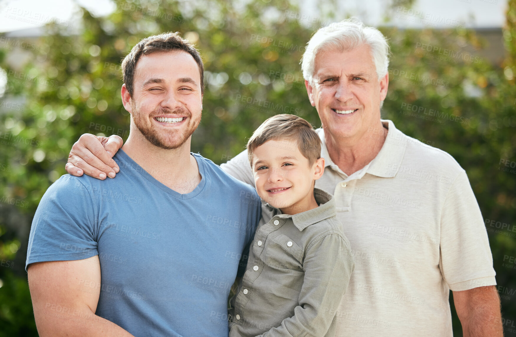 Buy stock photo Outdoor, father and grandpa with child in portrait, hugging and bonding together with love in park. Generations, senior parent and dad with boy in garden, vacation and relationship with embrace 