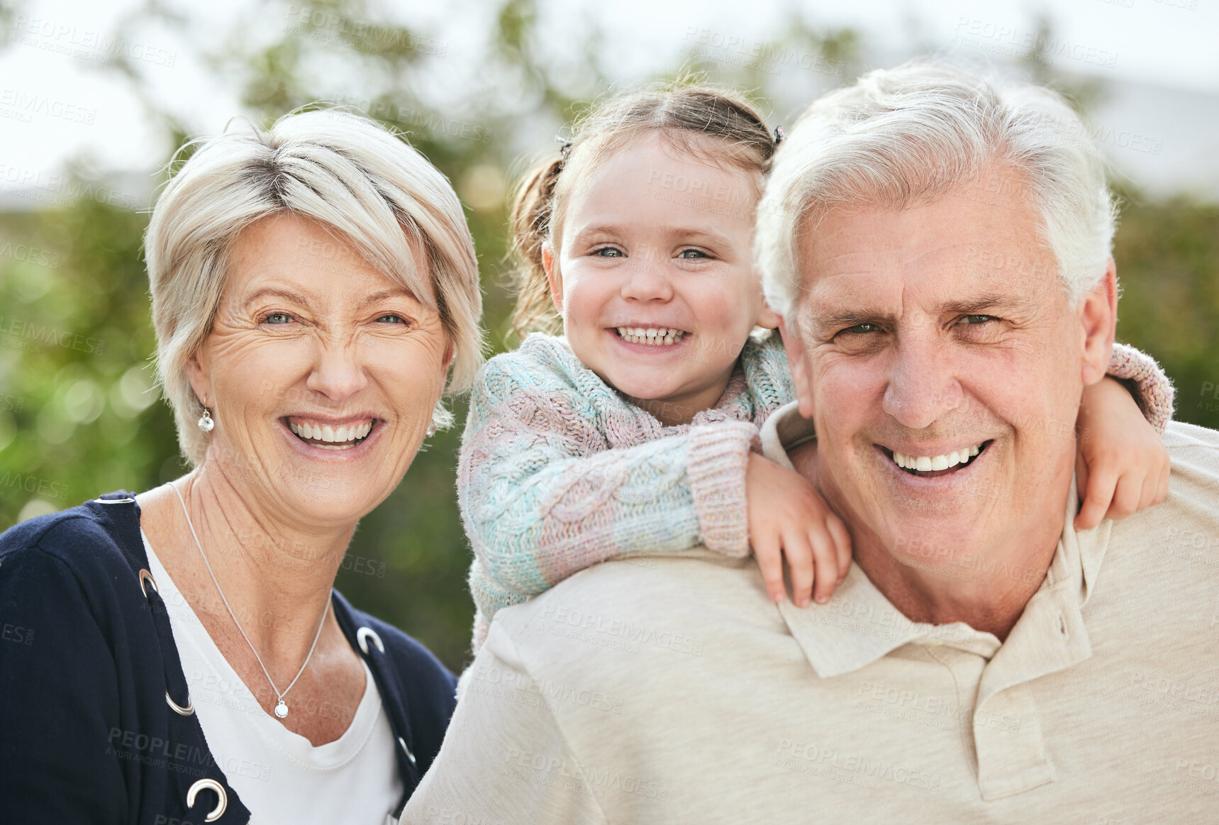 Buy stock photo Outdoor, grandparents and girl with portrait for piggyback, caring and bonding together for weekend holiday. Happy family, grandpa and grandma with child for carry, relationship and embrace in nature