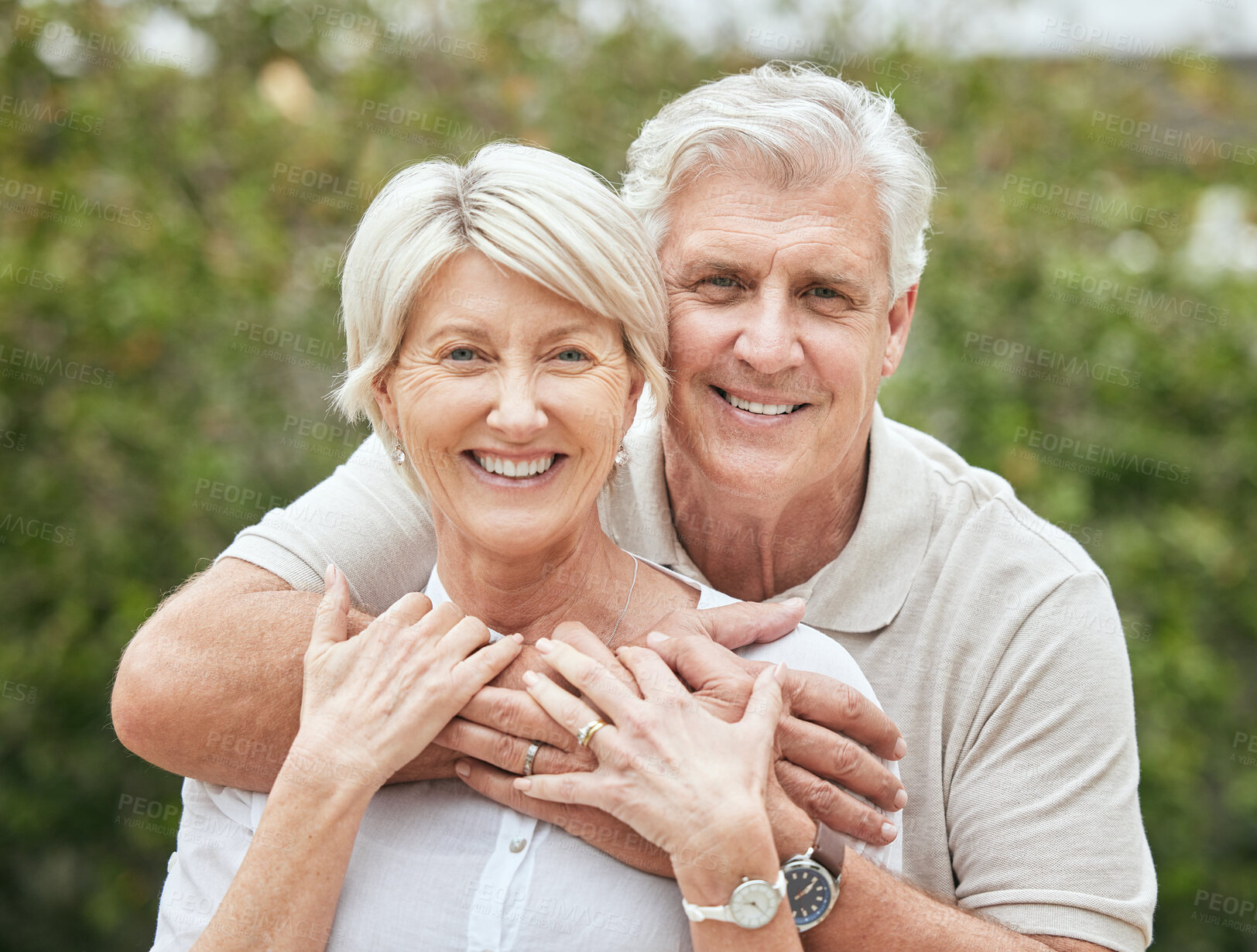 Buy stock photo Park, portrait and senior couple with hug for care, support and love in marriage relationship with happiness. Outdoor, man and woman with embrace for connection, security and bonding in retirement